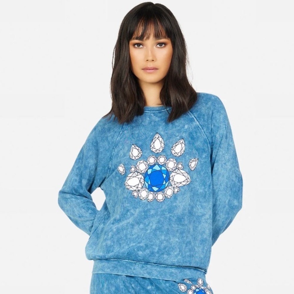 Lauren Moshi Alana Diamond Eye Pullover Sweatshirt in Blue Acid Wash Small